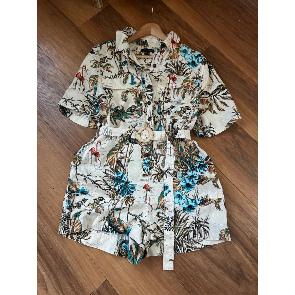 Banana Republic Linen Tropical Flamingo Print Belted Romper Size M Vacations